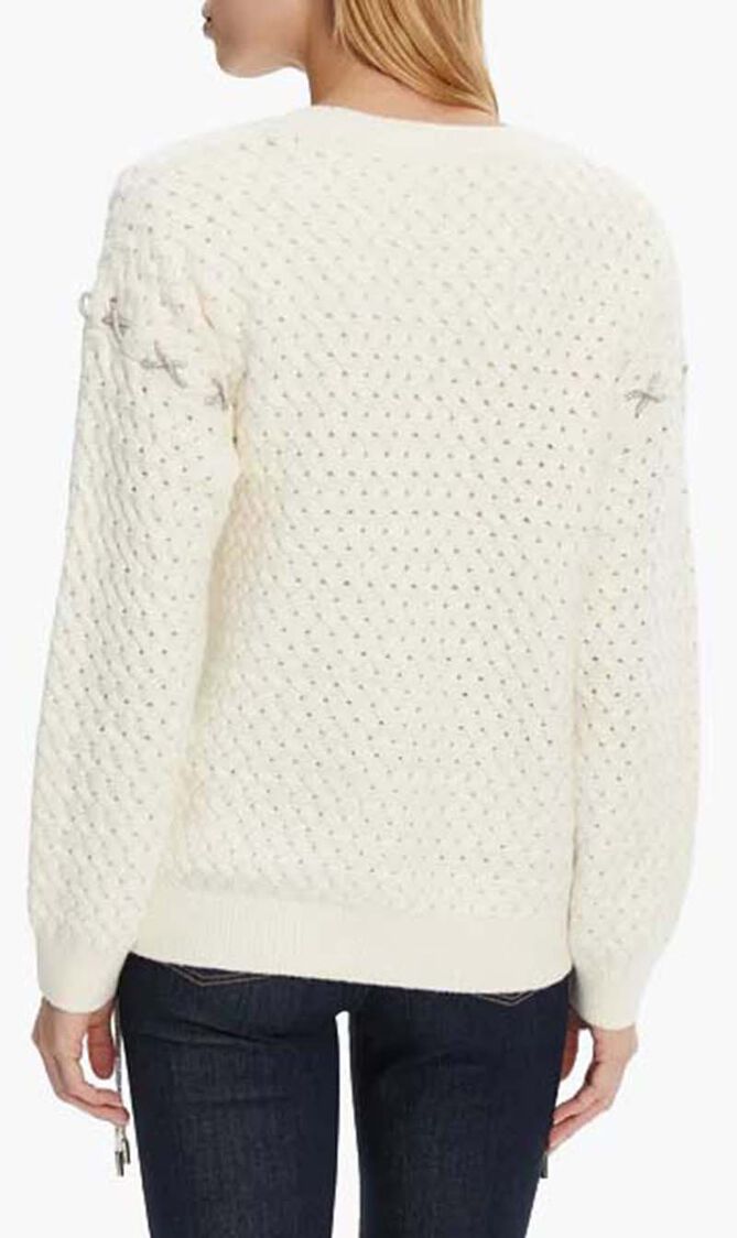 Elliss Rhinestone Chain Open-Stitch Crewneck Sweater