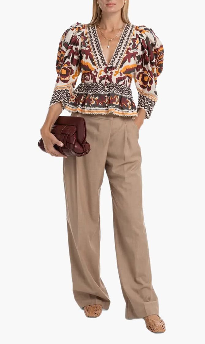 Toucans Scarf Cream Puffed Sleeve Blouse