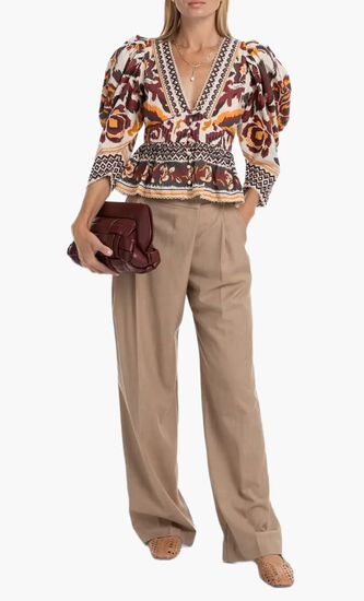 Toucans Scarf Cream Puffed Sleeve Blouse