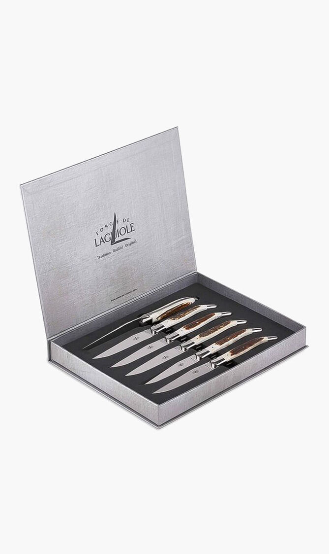 طقم من سكاكين المائدة بمقابض من قرون الغزال - 6 سكاكين