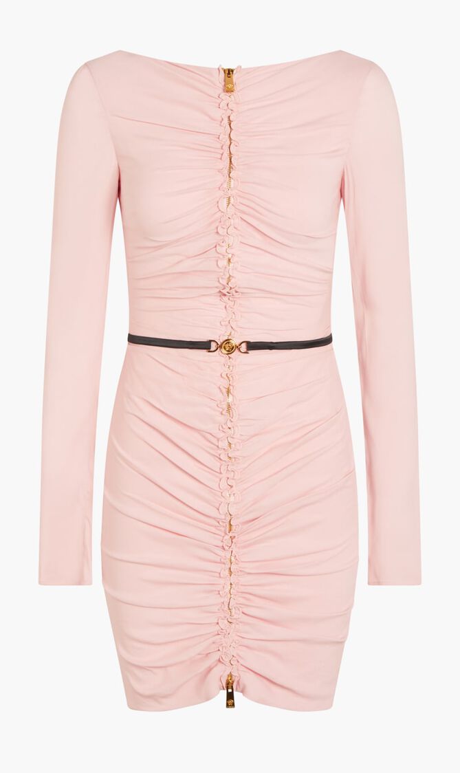 DRESS MINI LS BELTED ZIP RUCHED GEORGETTE SOLID