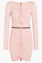 DRESS MINI LS BELTED ZIP RUCHED GEORGETTE SOLID