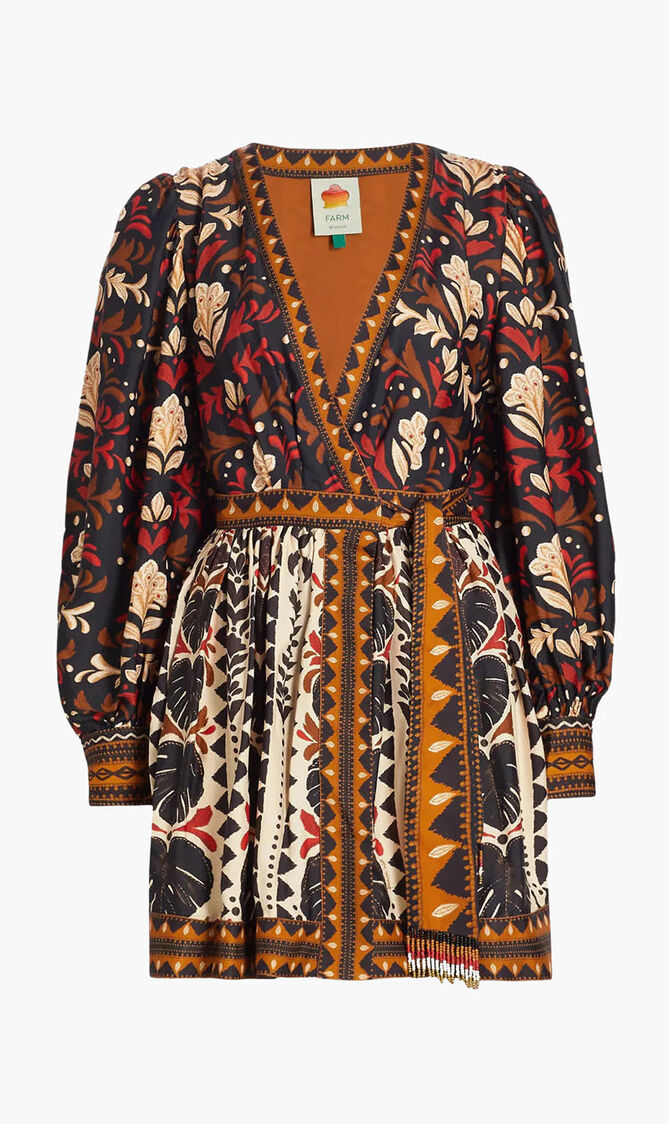 TAPESTRY GARDEN MULTICOLOR V NECKLINE MINI DRESS
