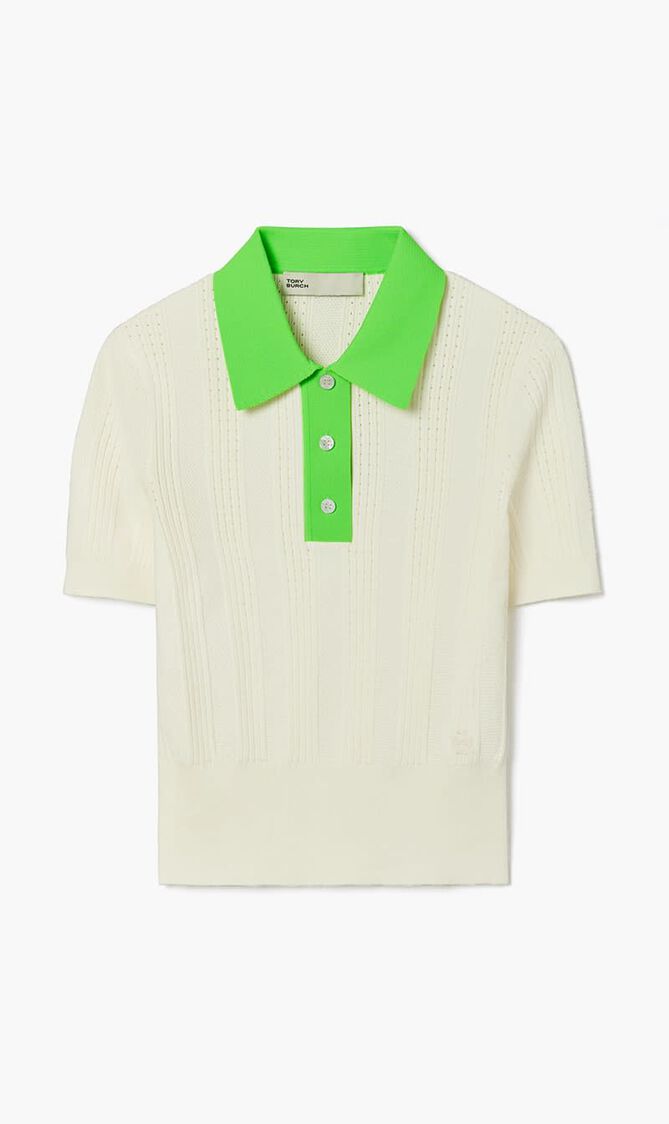 COTTON POINTELLE POLO SWEATER