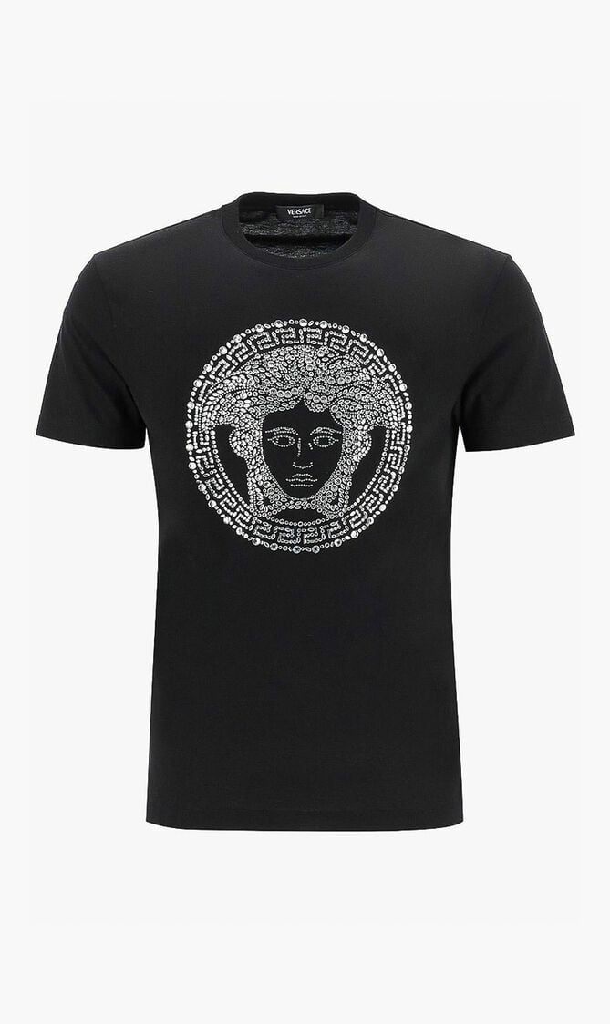 T-SHIRT COMPACT COTTON JERSEY FABRIC + MEDUSA CRYSTAL STRASS EMBROIDERY