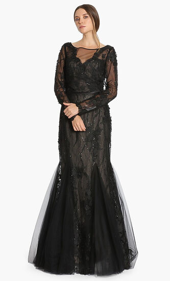 Floral Lace Long Sleeve Evening Gown