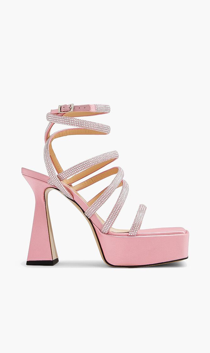 Sydney Pink Satin Platform Sandals With Crystalized Straps 140mm