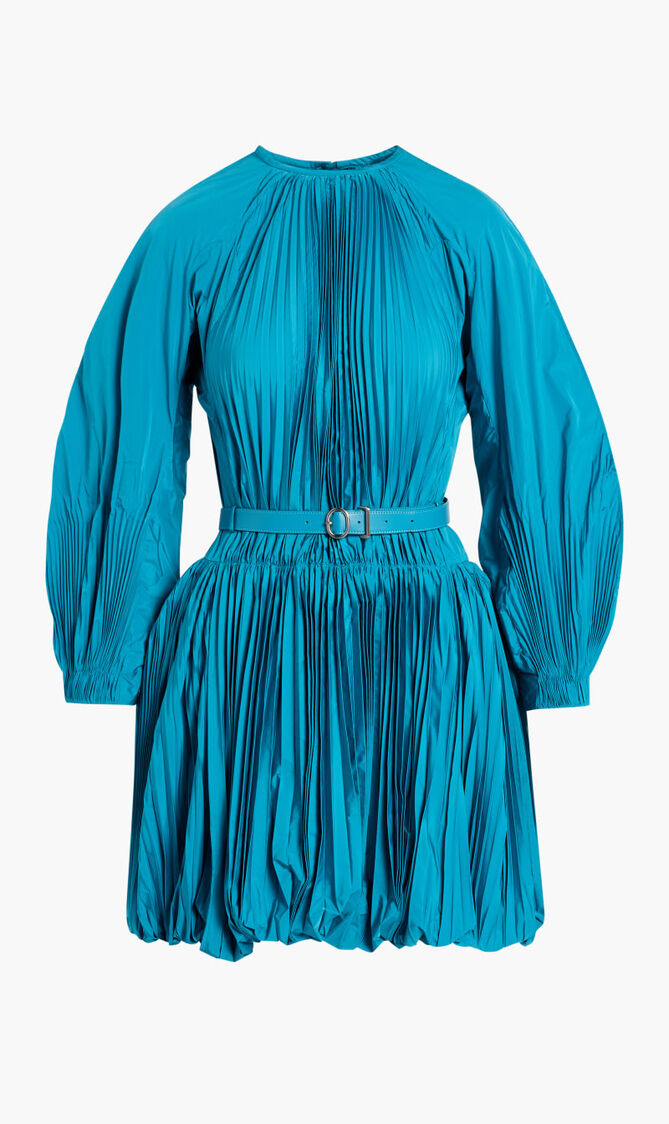 Pleated Blouson Sleeve Balloon Mini Dress With Belt
