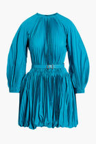 Pleated Blouson Sleeve Balloon Mini Dress With Belt