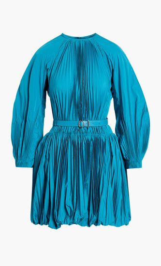 Pleated Blouson Sleeve Balloon Mini Dress With Belt