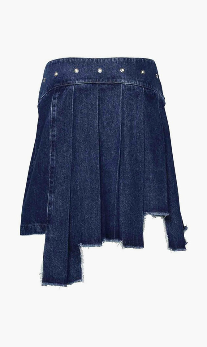 Pleated Asymmetric Denim Skirt