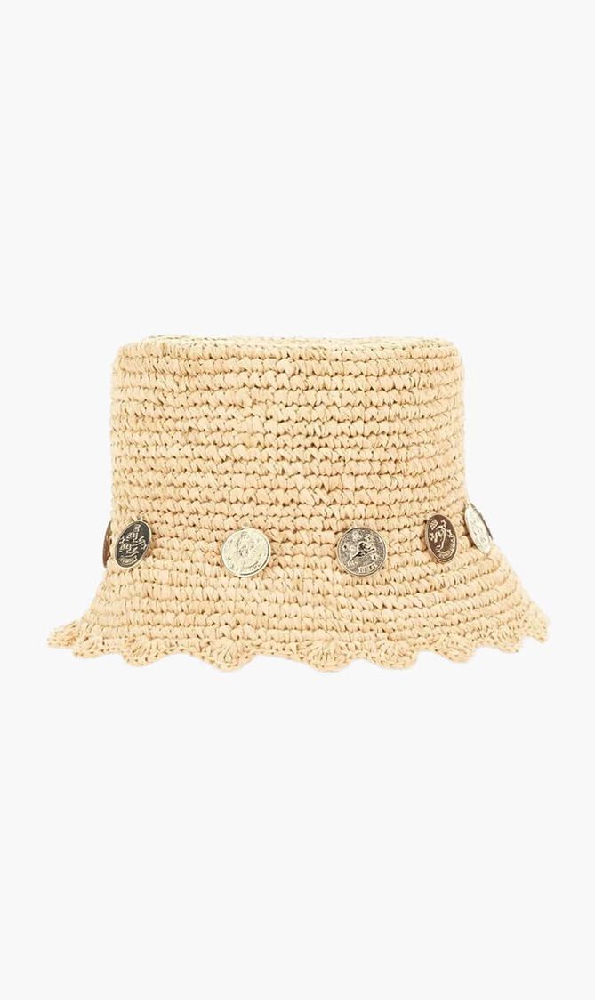 Embellished Coin Woven Raffia Hat