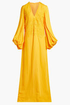 LINEN COLUMN GOWN WITH BRODERIE ANGLAISE DETAIL