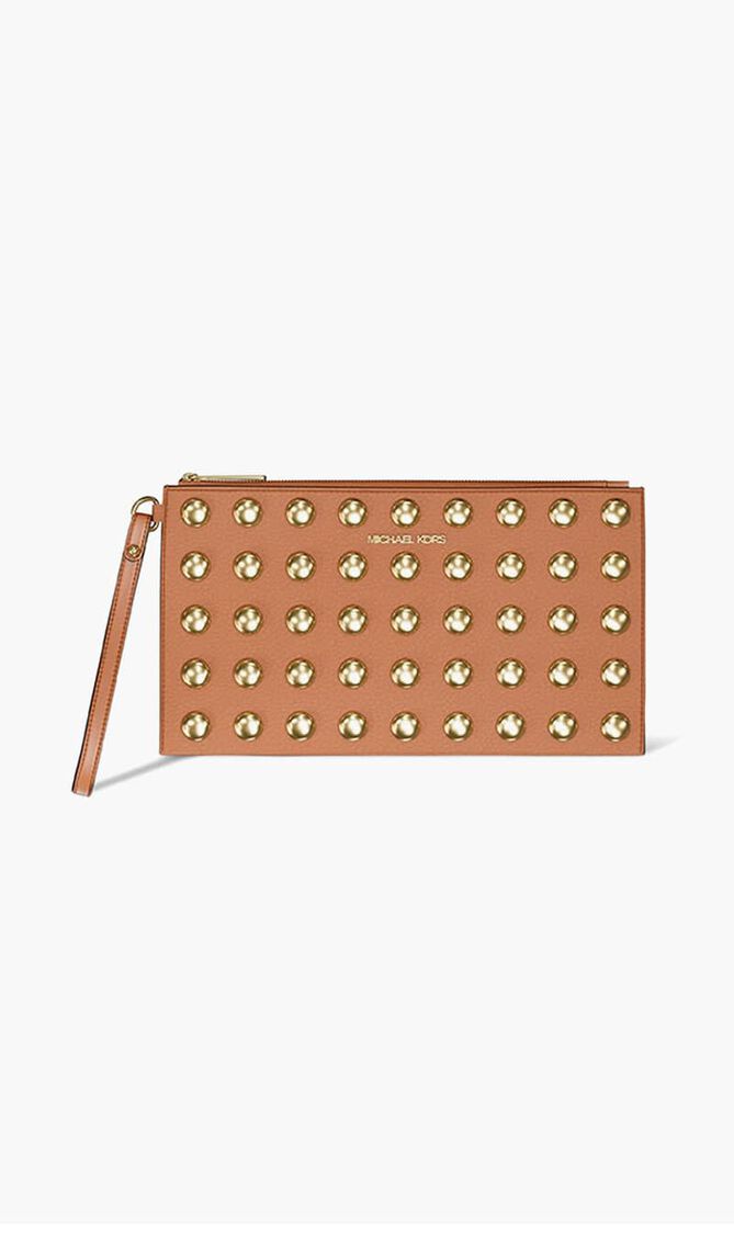 Jet Set Large Studded Pebbled Leather Wristlet