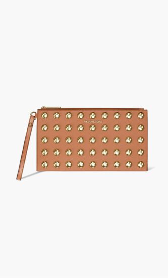 Jet Set Large Studded Pebbled Leather Wristlet
