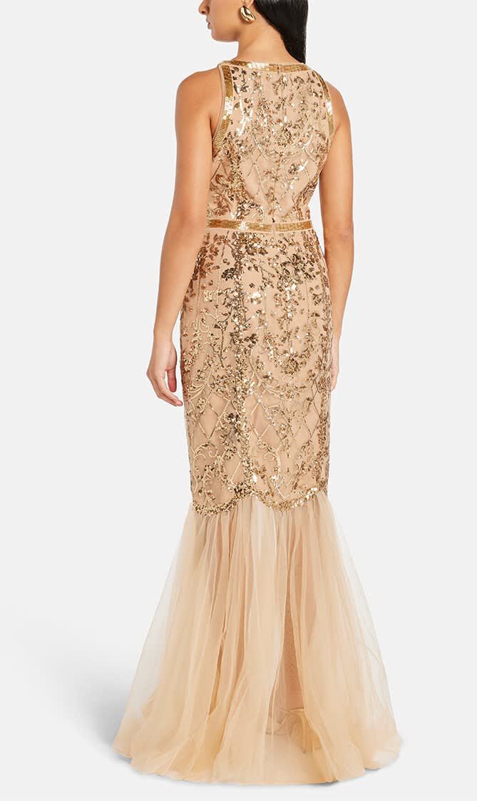 SLEEVELESS JEWEL NECKLINE SEQUIN LATTICE MERMAID GOWN