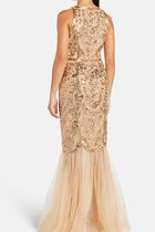 SLEEVELESS JEWEL NECKLINE SEQUIN LATTICE MERMAID GOWN