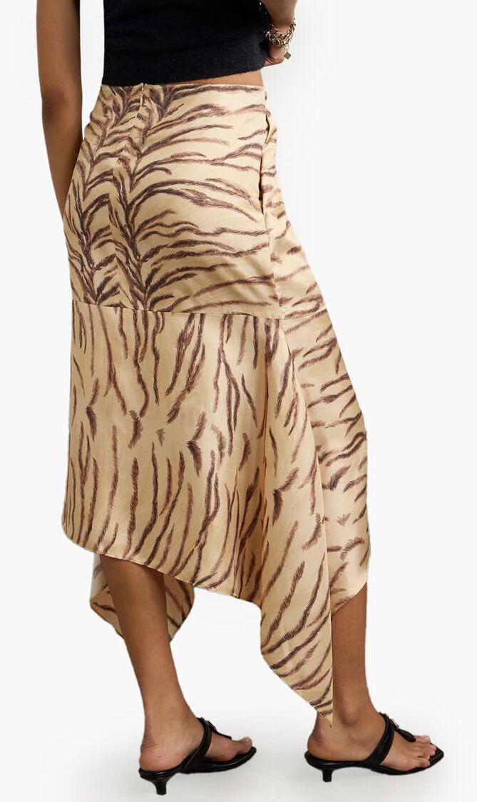 Asymmetric Ruffled Zebra Print Silk Midi Skirt