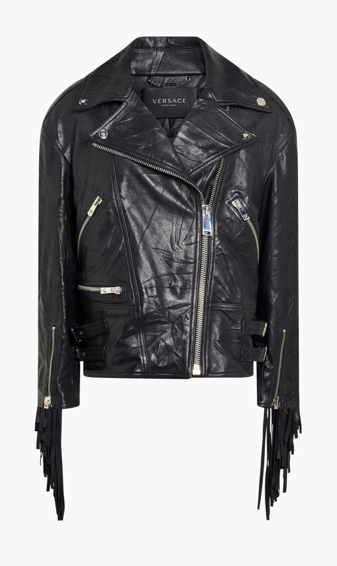 BLOUSON LEATHER LEATHER WITH FRINGED DETAILS + CRUSCHED EFFECT