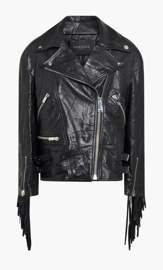 BLOUSON LEATHER LEATHER WITH FRINGED DETAILS + CRUSCHED EFFECT