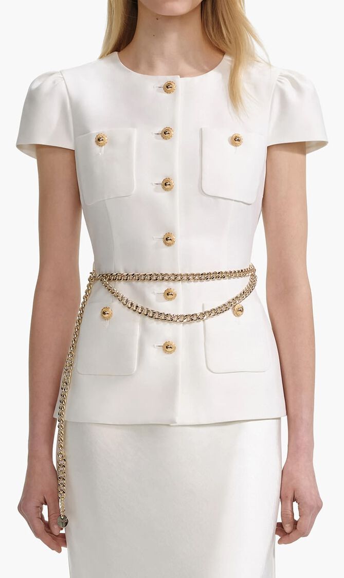 CREAM TAFFETA CHAIN BELT MAXI DRESS