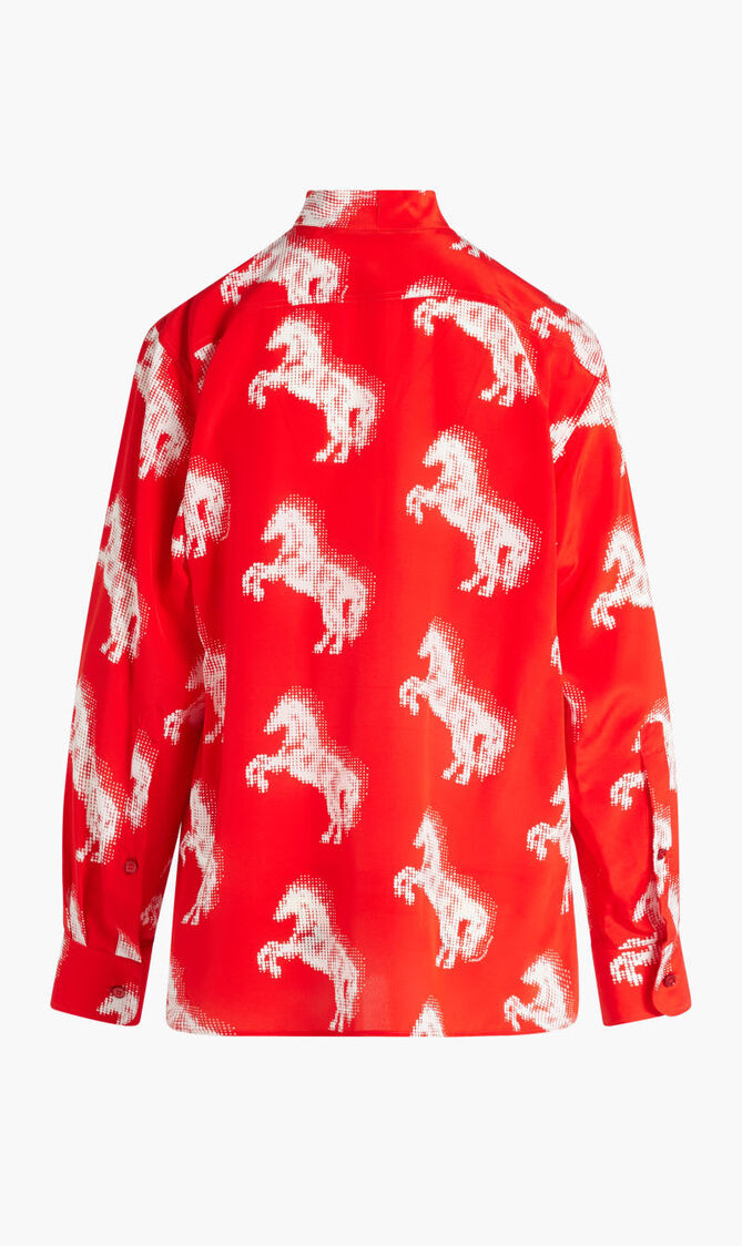Horse Print Bow Collar Silk Blouse
