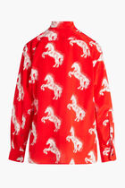 Horse Print Bow Collar Silk Blouse