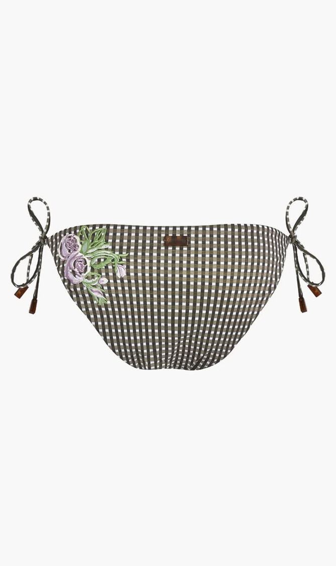 Check Embroidered Flowers Brief Bikini Bottom