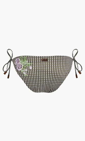 Check Embroidered Flowers Brief Bikini Bottom