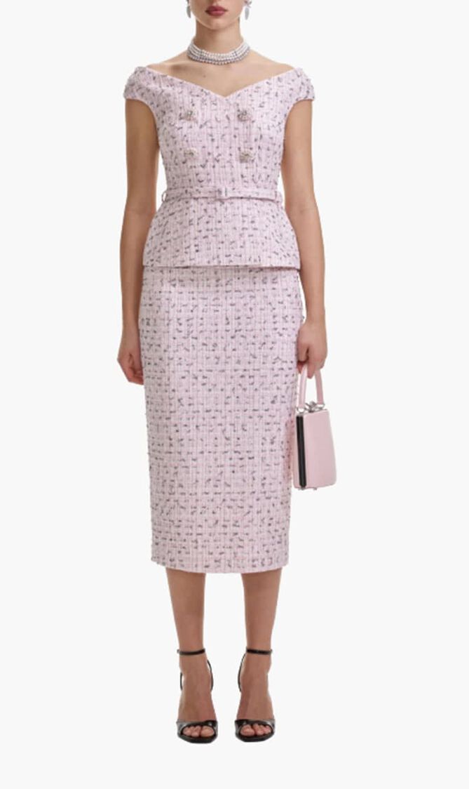 PINK BOUCLE PEARL MIDI DRESS