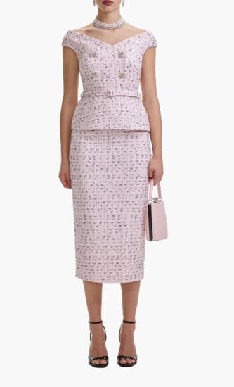 PINK BOUCLE PEARL MIDI DRESS