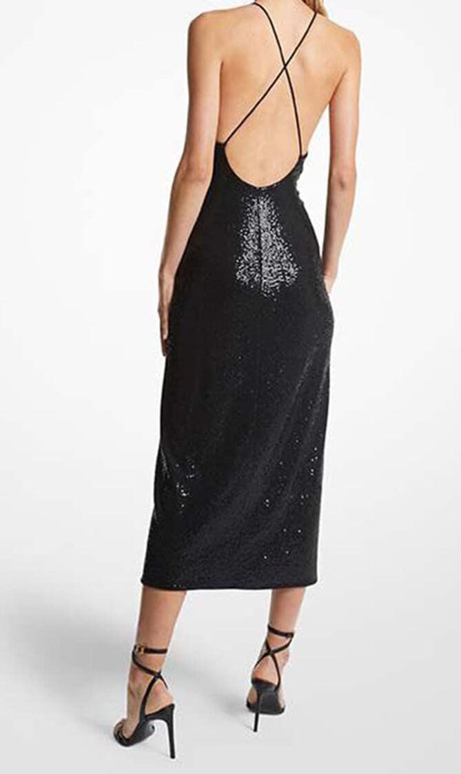 Hand-Embroidered Sequin Stretch Jersey Cascade Dress