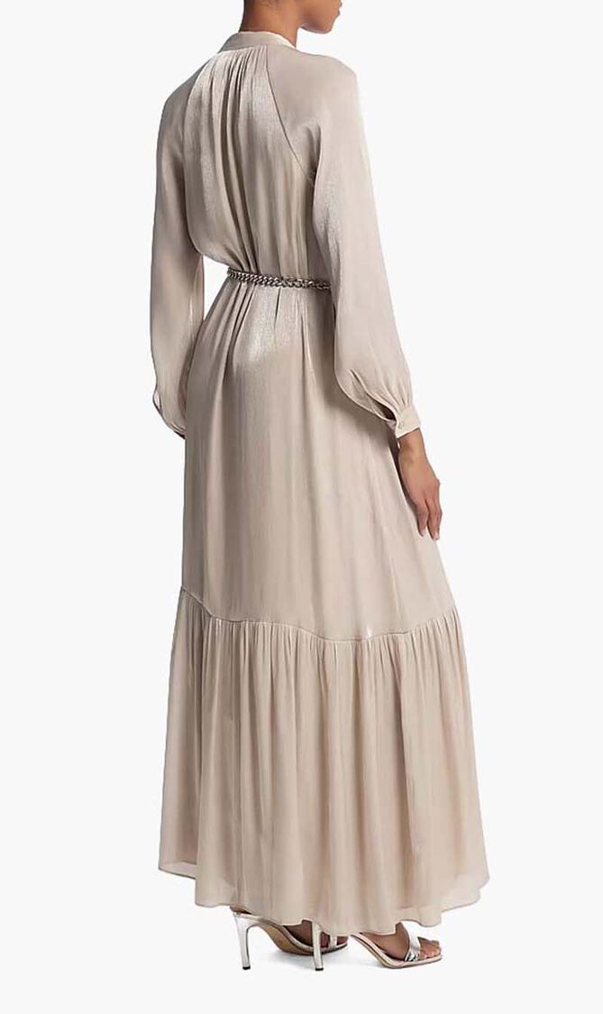 Metallic Crinkled Belted Kaftan Dress