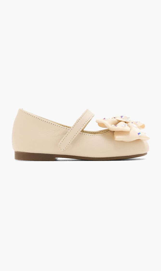 SWAROVSKI CRYSTALS EMBELLISHED BOW SINGLE STRAP LEATHER BALLERINAS