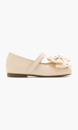 SWAROVSKI CRYSTALS EMBELLISHED BOW SINGLE STRAP LEATHER BALLERINAS