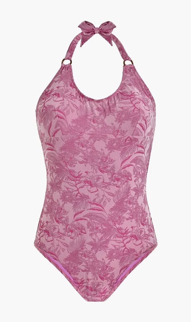 Jacquard Floral Halter One Piece Swimsuit