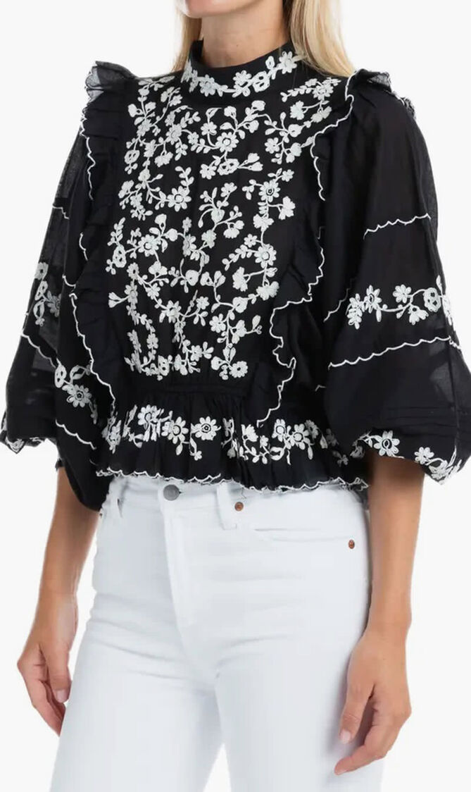 Embroidered Ruffle Longe Sleeve Blouse