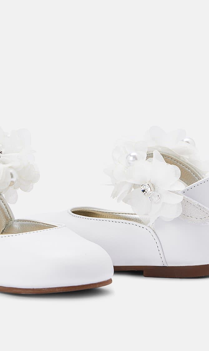 SINGLE STRAP VELCRO FLOWERS PEARLS SWAROVSKI CRYSTALS EMBELLISHED LEATHER BALLERINAS