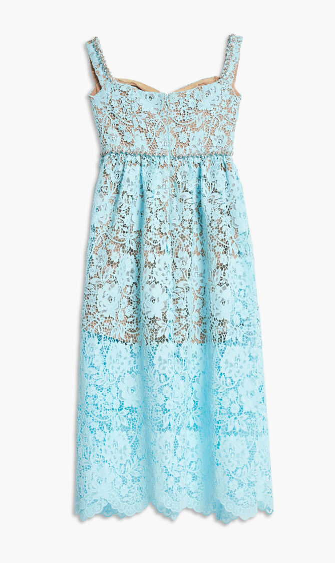 BLUE CORD LACE DIAMANTE MIDI DRESS