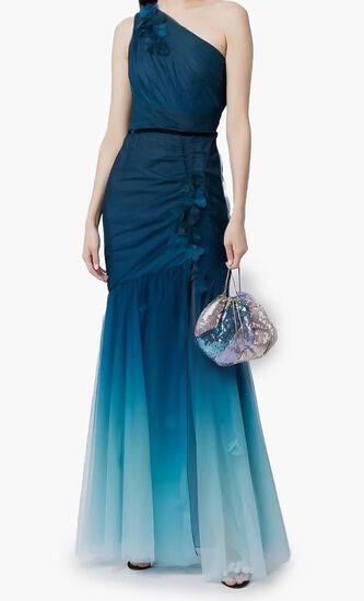 N59G3060-ONE SHOULDER RUCHED OMBRE TULLE MERMAID GOWN