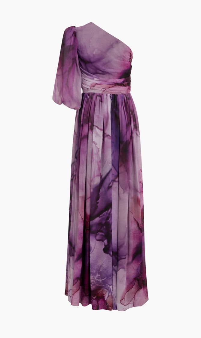 SHAUNA – PRINTED CHIFFON DRAPED ONE-SHOULDER GOWN WITH SIDE SLIT