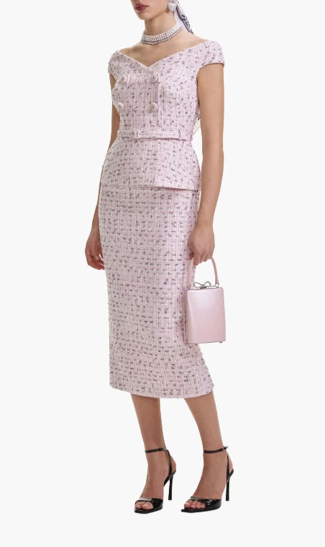 PINK BOUCLE PEARL MIDI DRESS