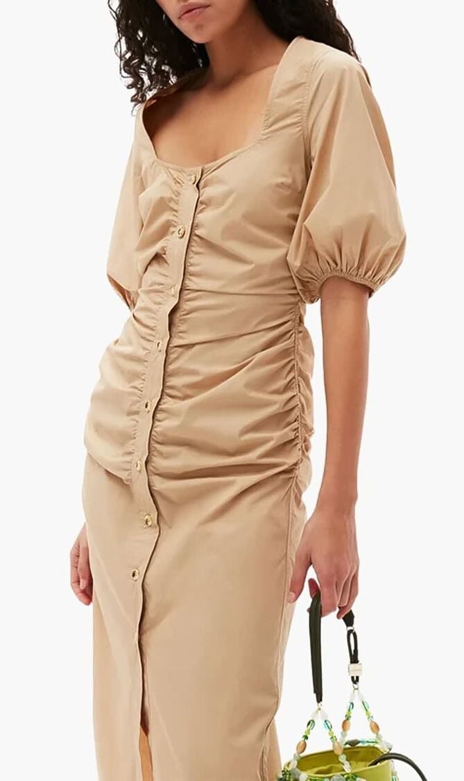 COTTON POPLIN GATHERED OPEN-NECK MAXI DRESS