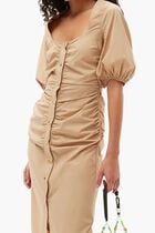 COTTON POPLIN GATHERED OPEN-NECK MAXI DRESS