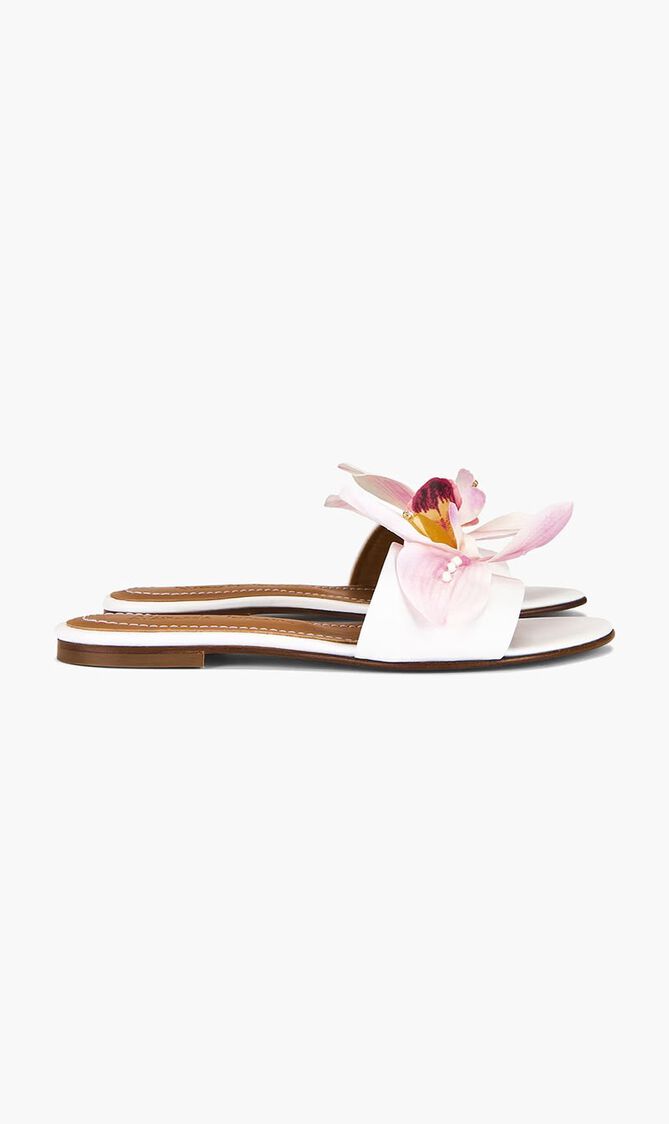 FLOWER WHITE LEATHER SLIDES