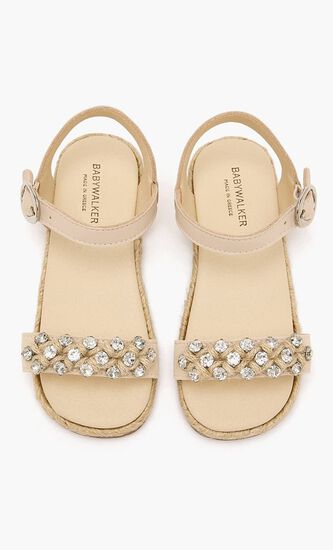 KNIT BAND WITH CRYSTALS EMBELLISHED LEATHER SANDAL