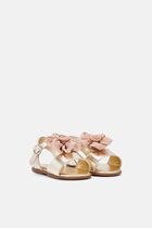 CHIFFON FLOWER EMBELLISHED LEATHER SANDALS