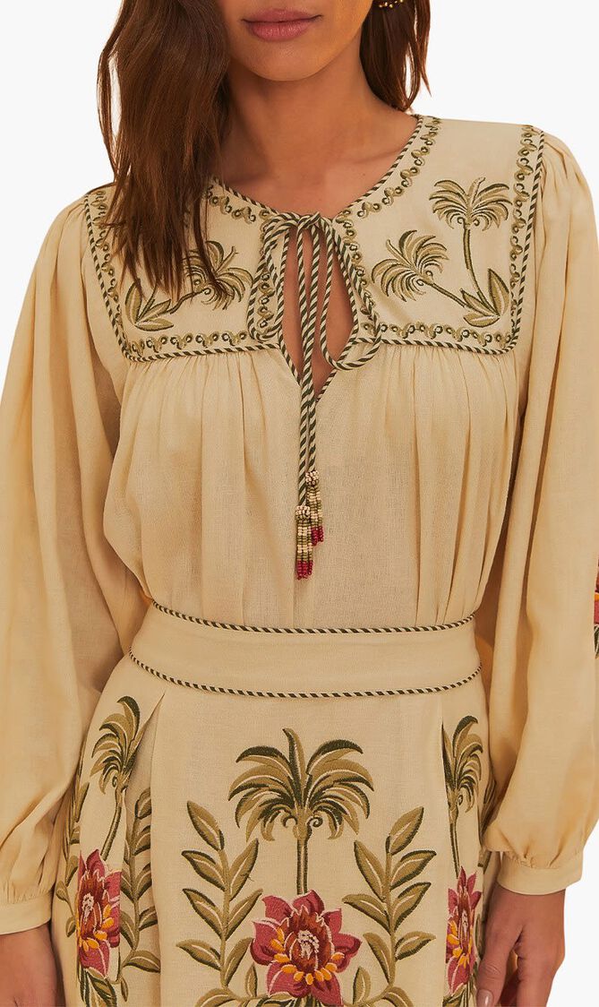 Tropical Flower Embroidered Sleeve Blouse