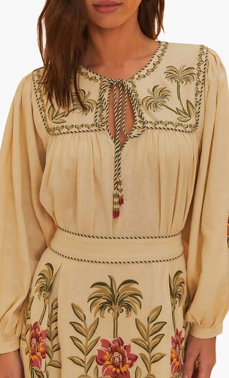 Tropical Flower Embroidered Sleeve Blouse