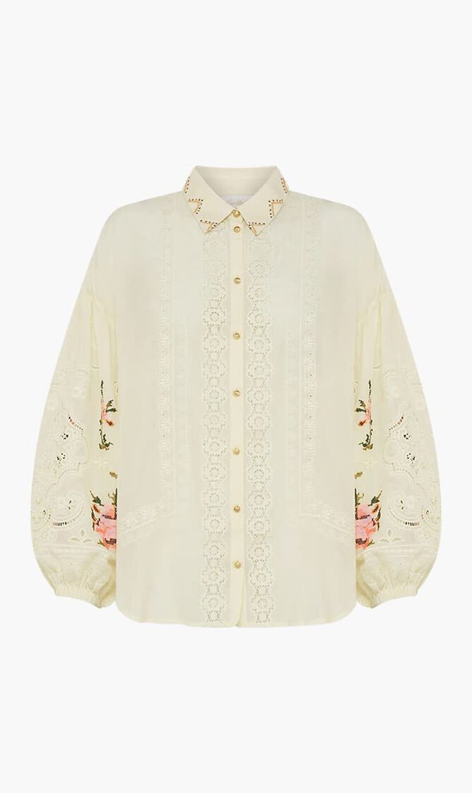 Embroidered Balloon Sleeve Shirt Blouse